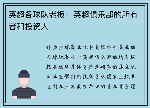 英超各球队老板：英超俱乐部的所有者和投资人
