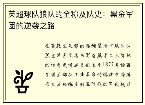 英超球队狼队的全称及队史：黑金军团的逆袭之路